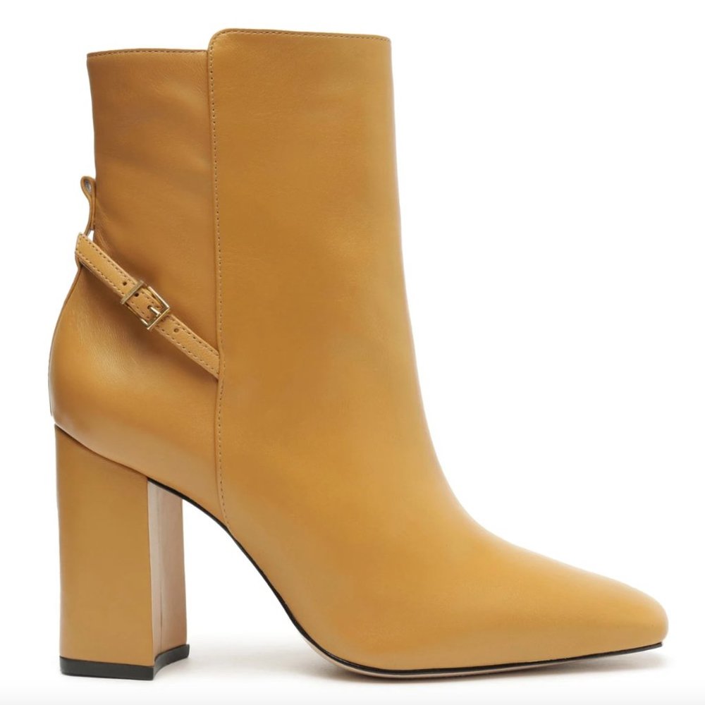 NWT, BOX AND DUSTBAG SCHUTZ CHRISTINE NAPPA LEATHER BOOTIE IN NUDE CARAMEL